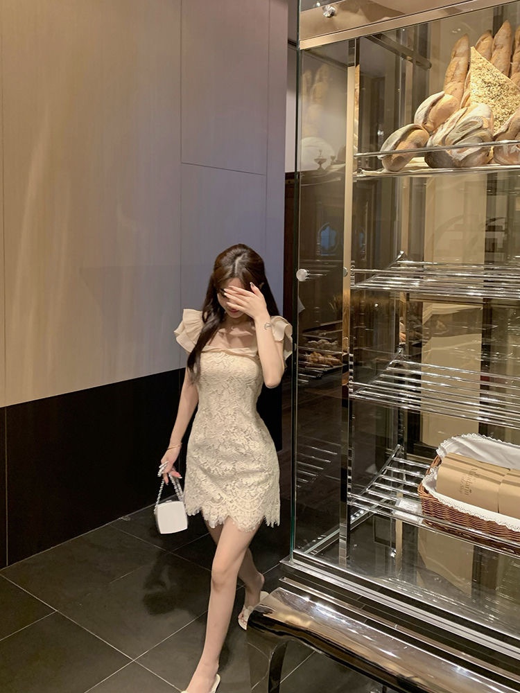 レース ワンピース 優美フリル袖レースタイトワンピース