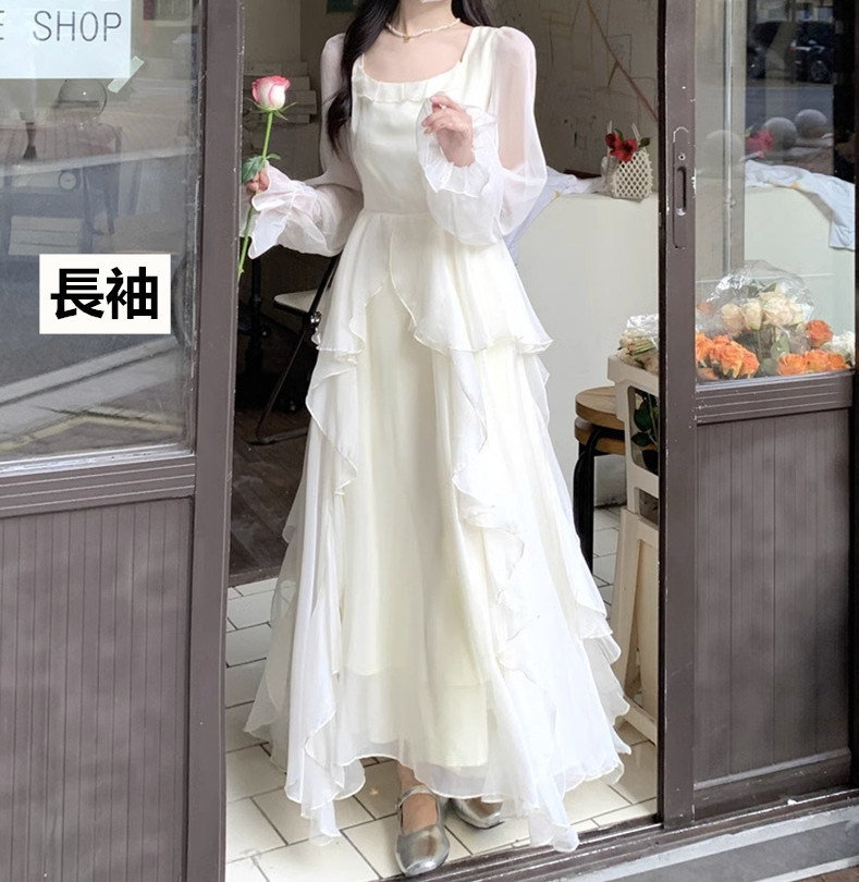 レース ワンピース エアリー シフォン ロングワンピース 春夏 ドレープ 長袖