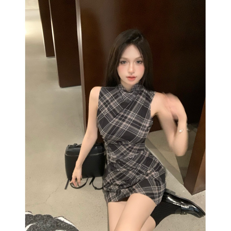レース ワンピース 格子柄ノースリーブタイトワンピース