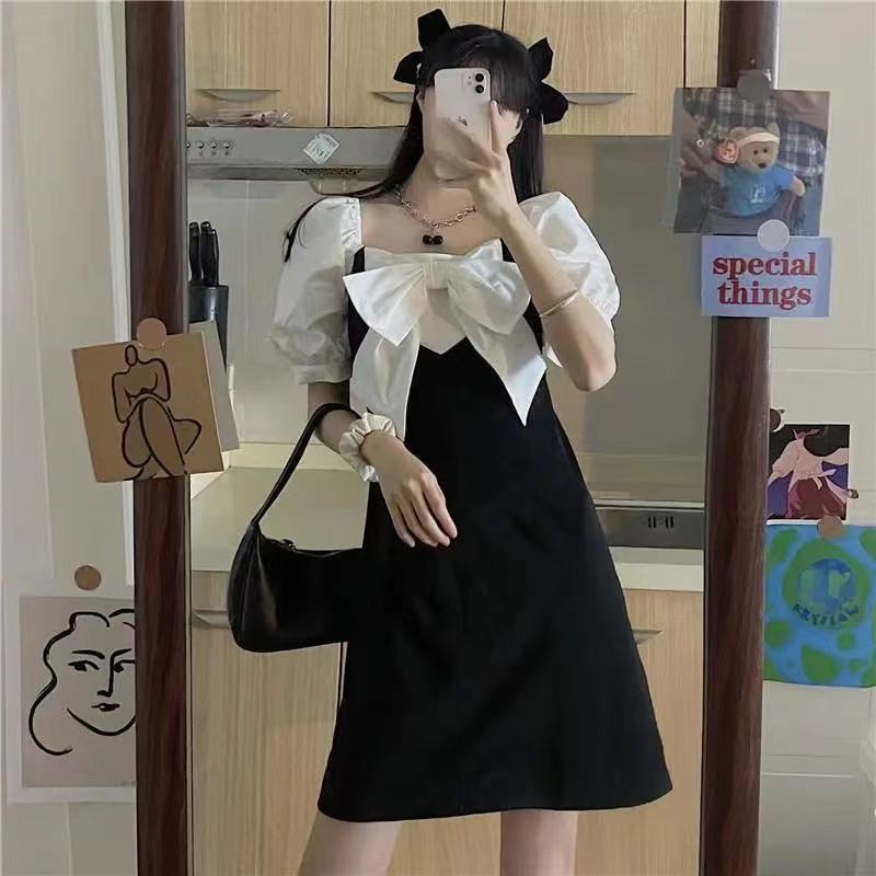 レース ワンピース 胸元リボン付きパフスリーブワンピース