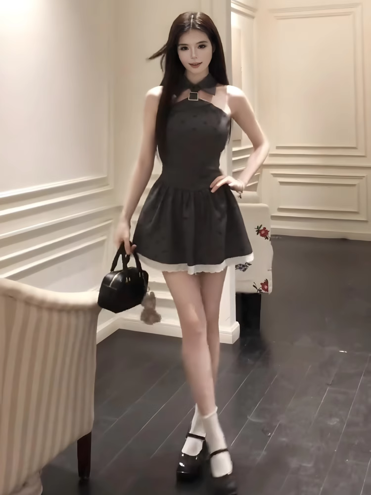 レース ワンピース 襟付きフリルヘム キャミワンピース