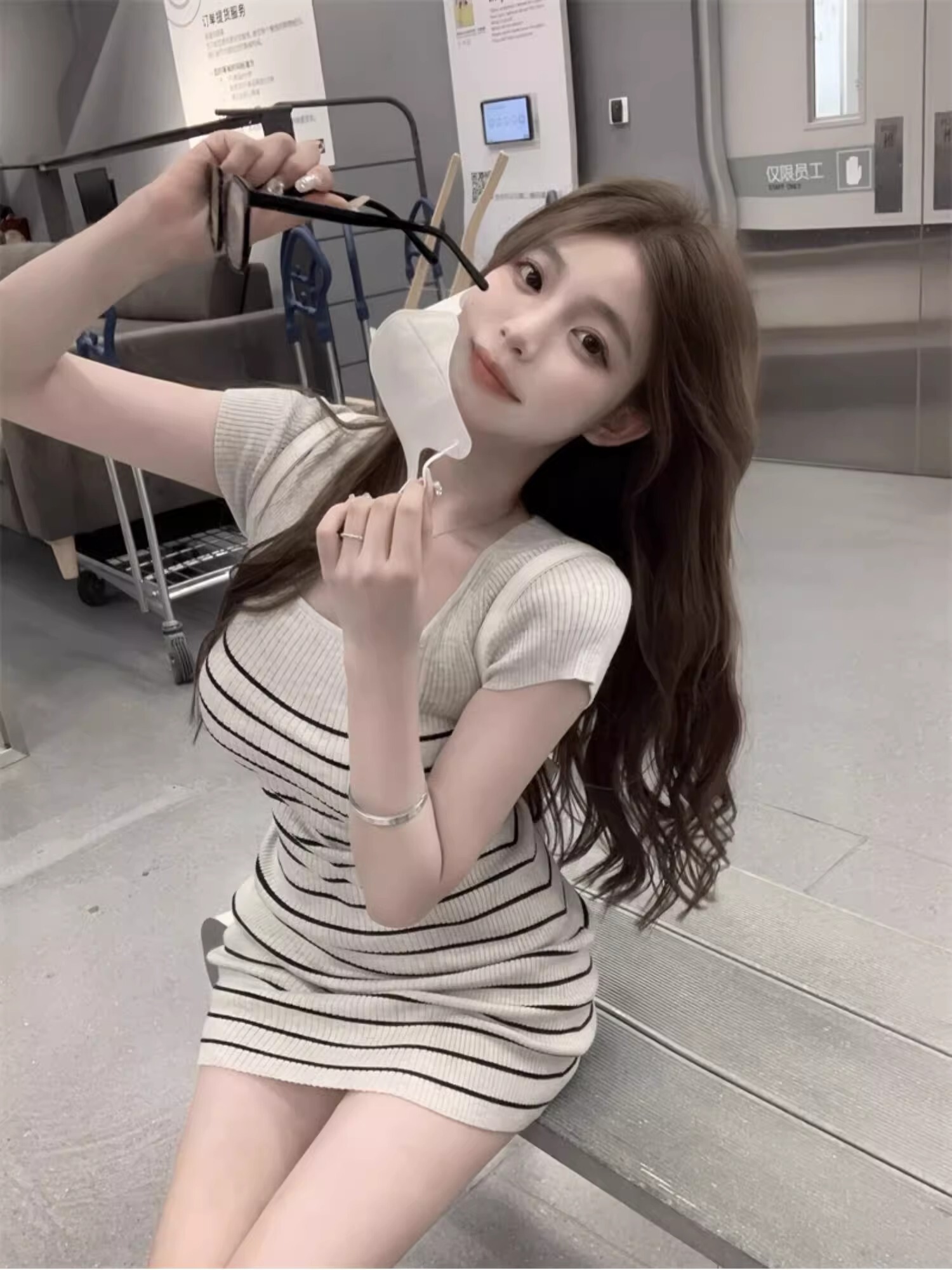 レース ワンピース 優美リブ編みボーダータイトワンピース