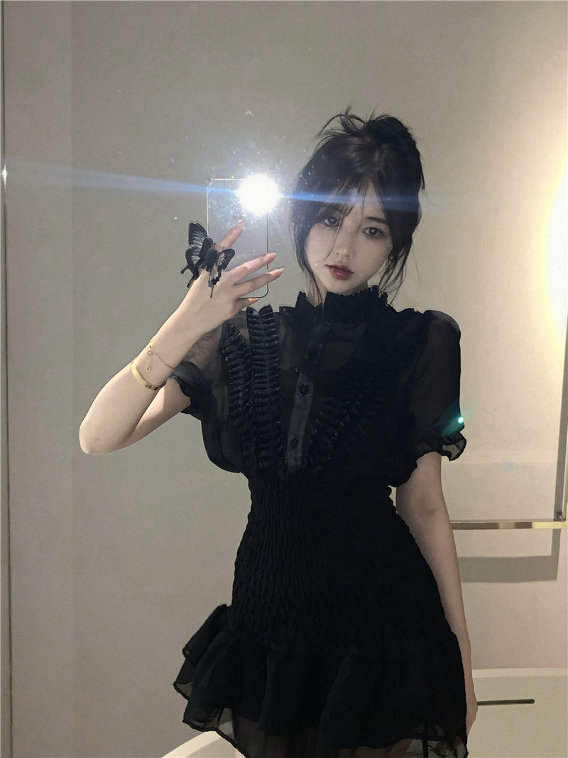 レース ワンピース ひだ飾りシアーレースワンピース