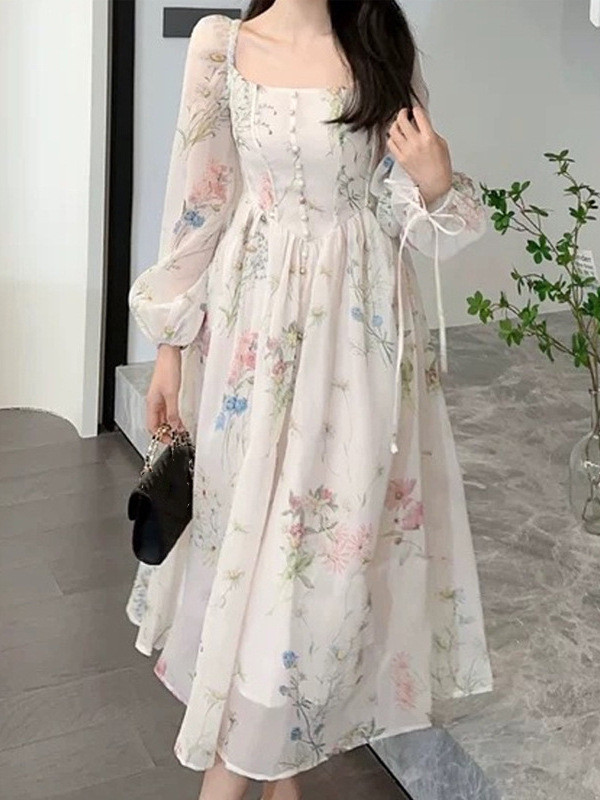 レース ワンピース 花柄シフォンロングワンピース アイボリー パーティードレス ミモレ丈