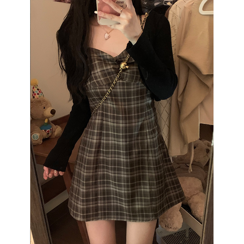 レース ワンピース 格子柄フレアキャミワンピース