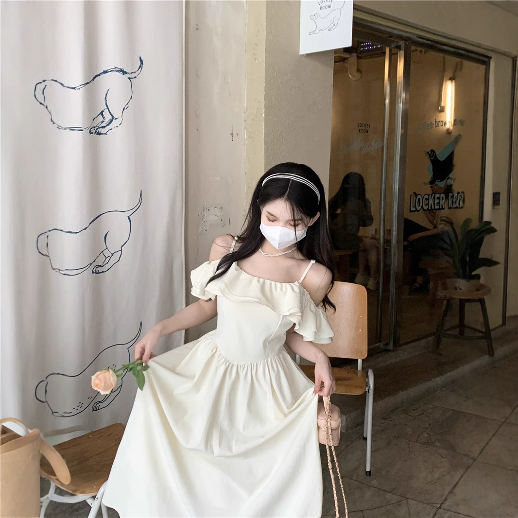 レース ワンピース 優美なフリルオフショルダーロングワンピース