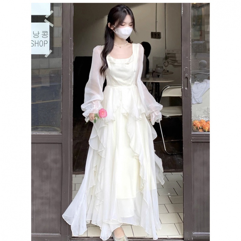 レース ワンピース エアリー シフォン ロングワンピース 春夏 ドレープ 長袖