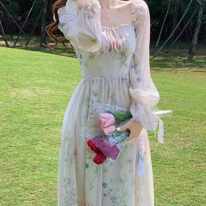 レース ワンピース 花柄シフォン ロングワンピース 着痩せ 長袖 フレア