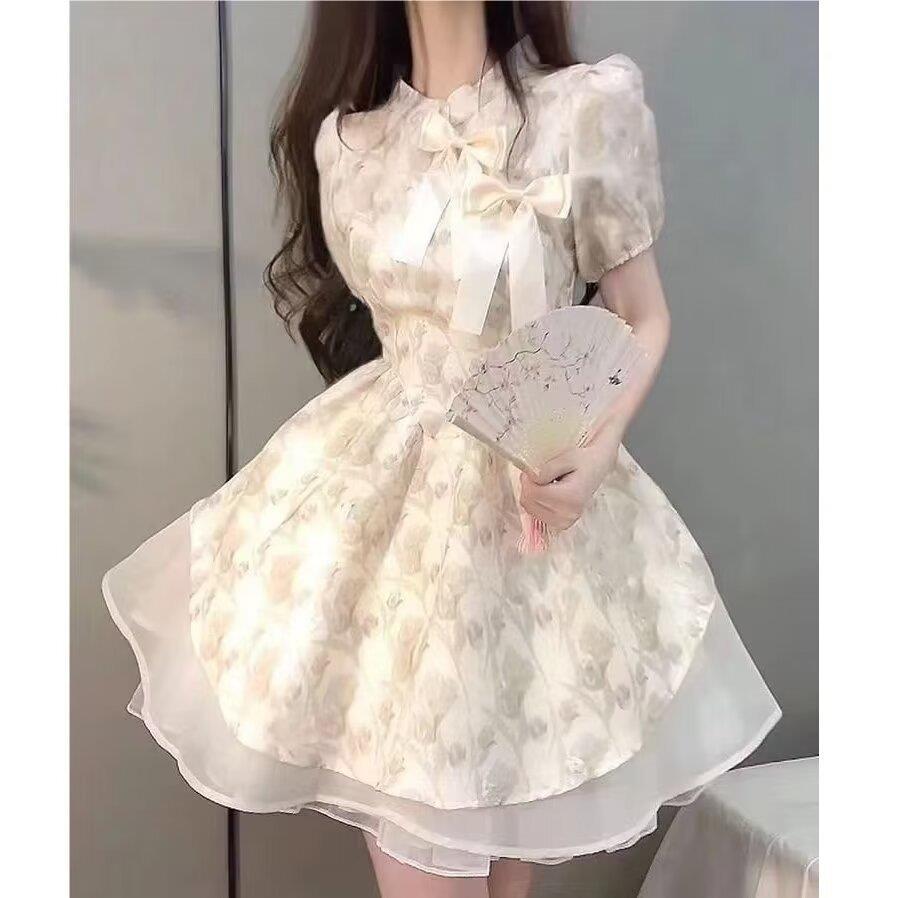 レース ワンピース リボン飾り 花柄シフォン重ね ワンピース