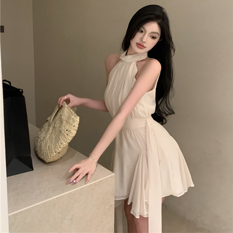 レース ワンピース 優美ホルターネック シフォンワンピース