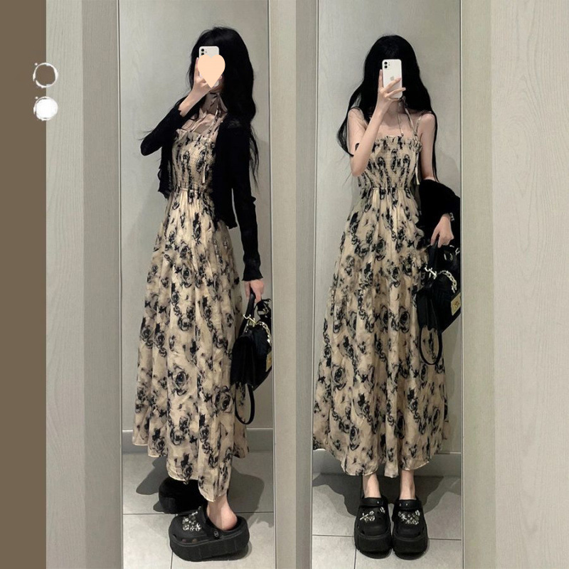 レース ワンピース 花柄シャーリングキャミロングワンピース