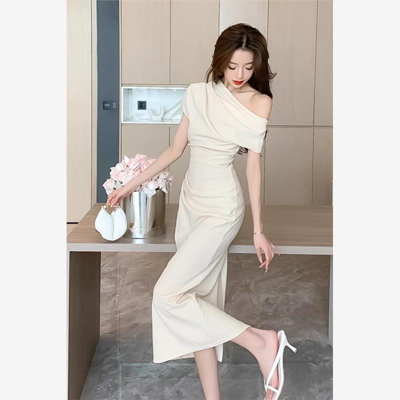 レース ワンピース 優美な肩見せドレープロングワンピース