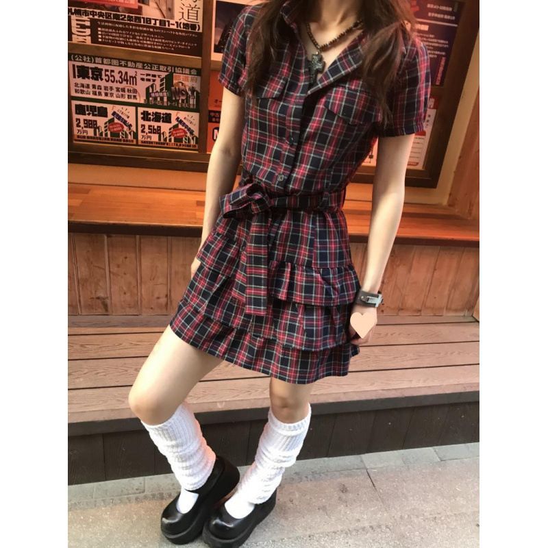 レース ワンピース チェック柄シャツワンピース