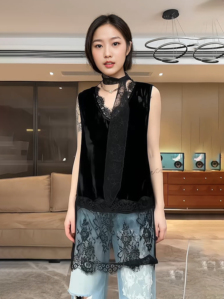 レース ワンピース フレンチスタイル レース切替ノースリーブワンピース