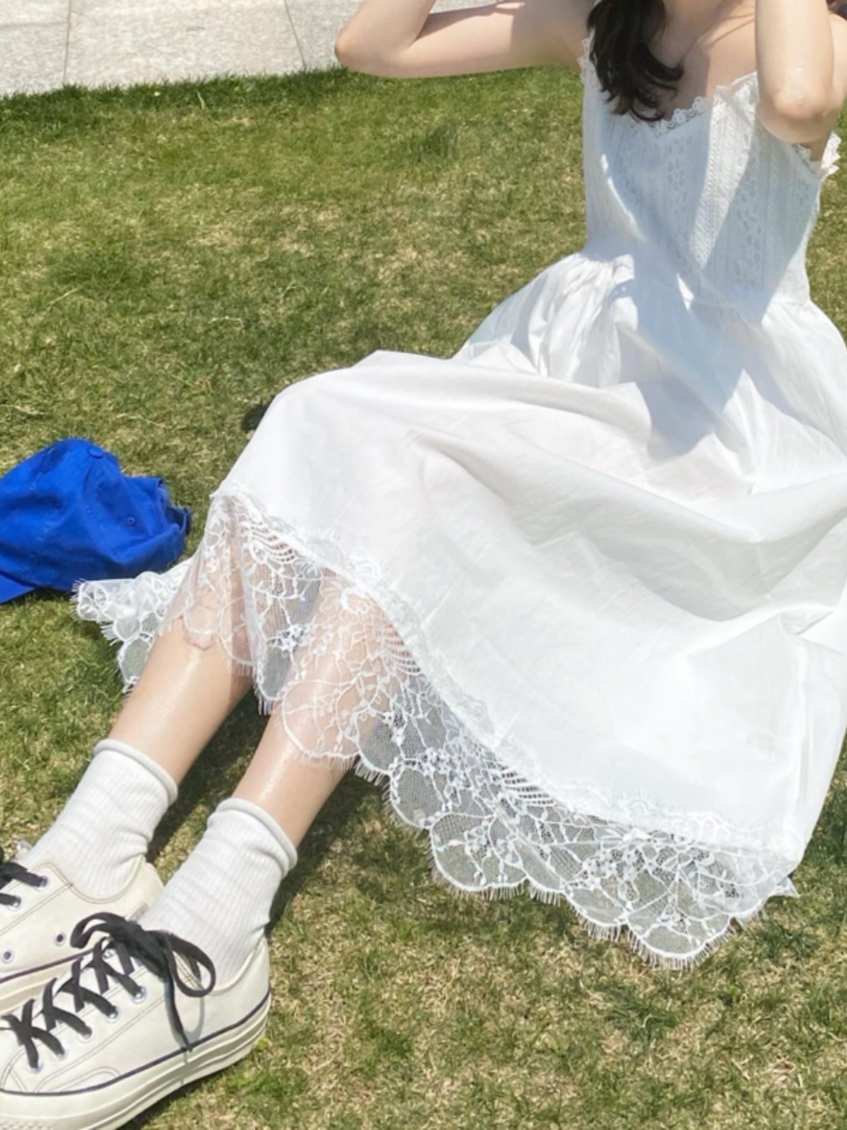 レース ワンピース 花園の夢想 裾レース ロングワンピース