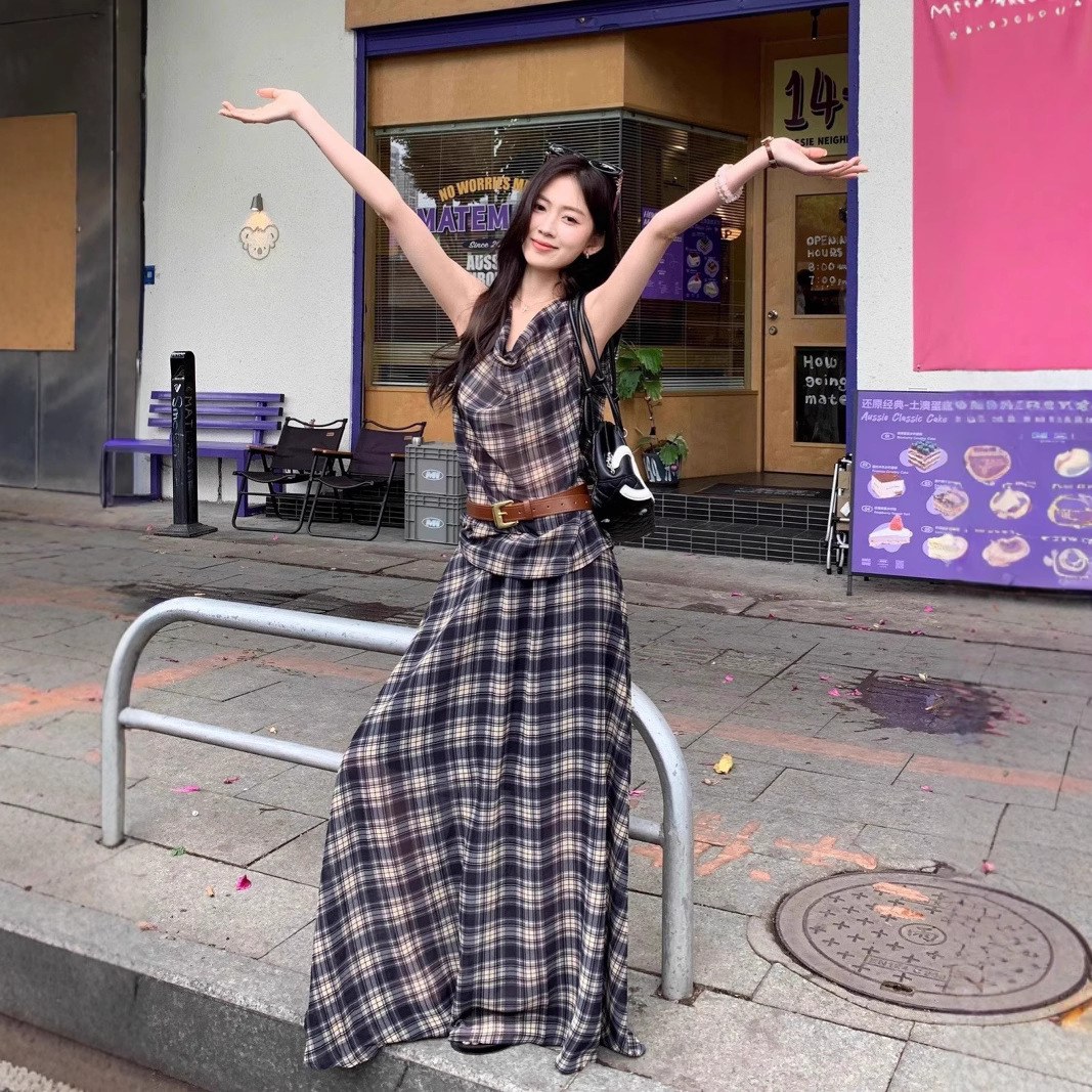 レース ワンピース 格子柄ドレープロングワンピース