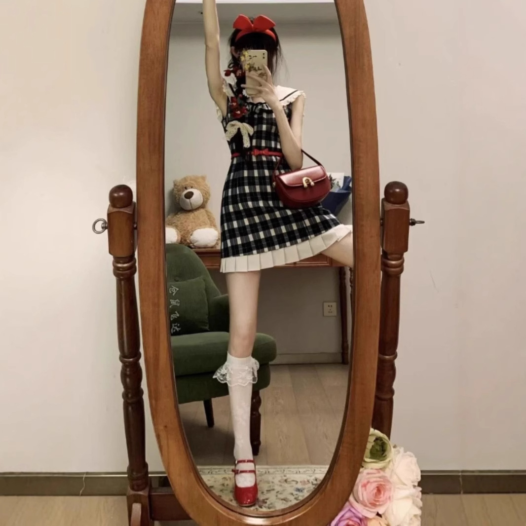 レース ワンピース 格子柄プリーツ裾 レース襟ワンピース