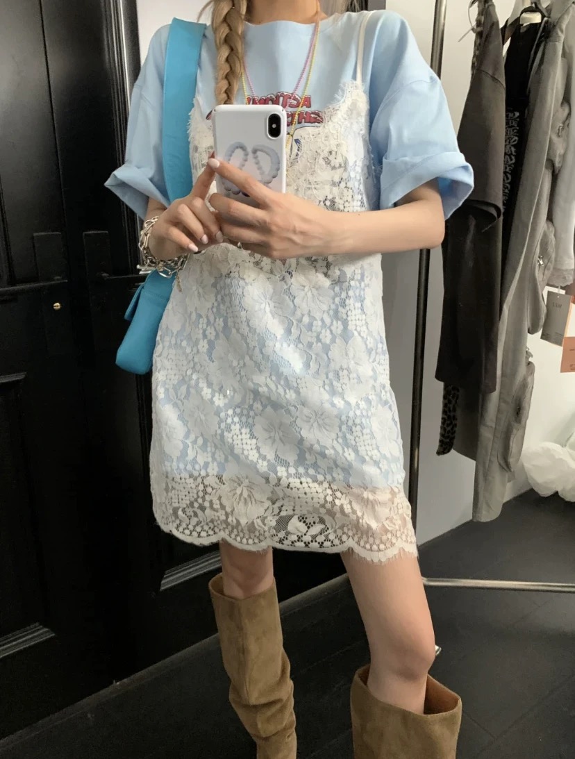 レース ワンピース 花柄レース重ね着キャミワンピース