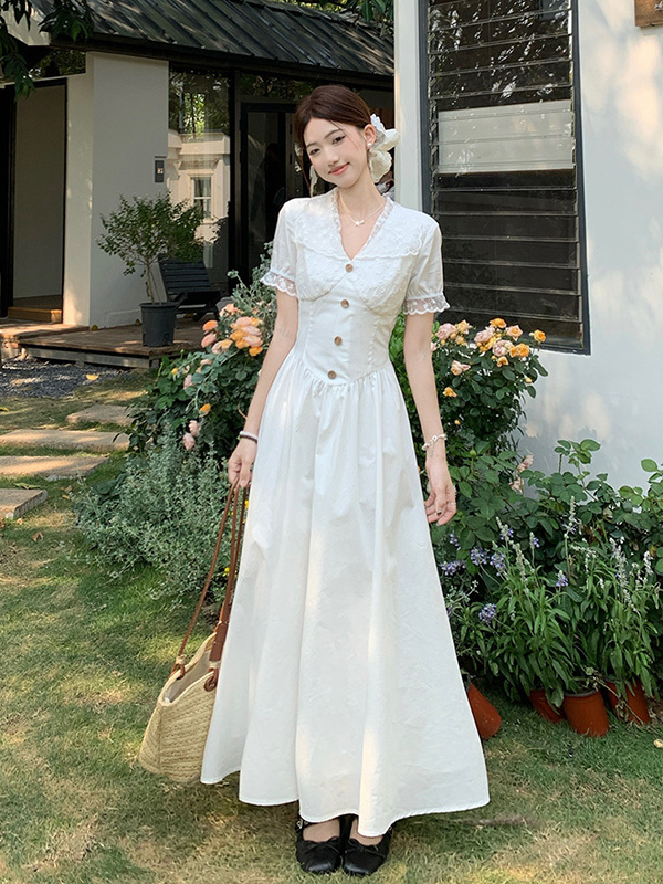 レース ワンピース 優美な花嫁風レース切替ロングワンピース