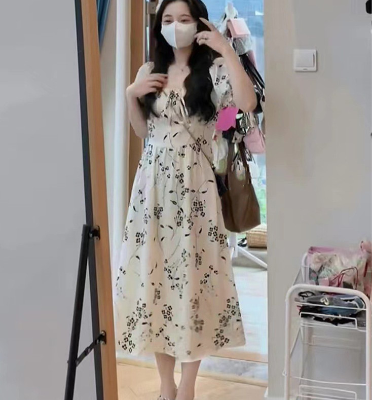 レース ワンピース 花柄シフォン パフスリーブ ロングワンピース