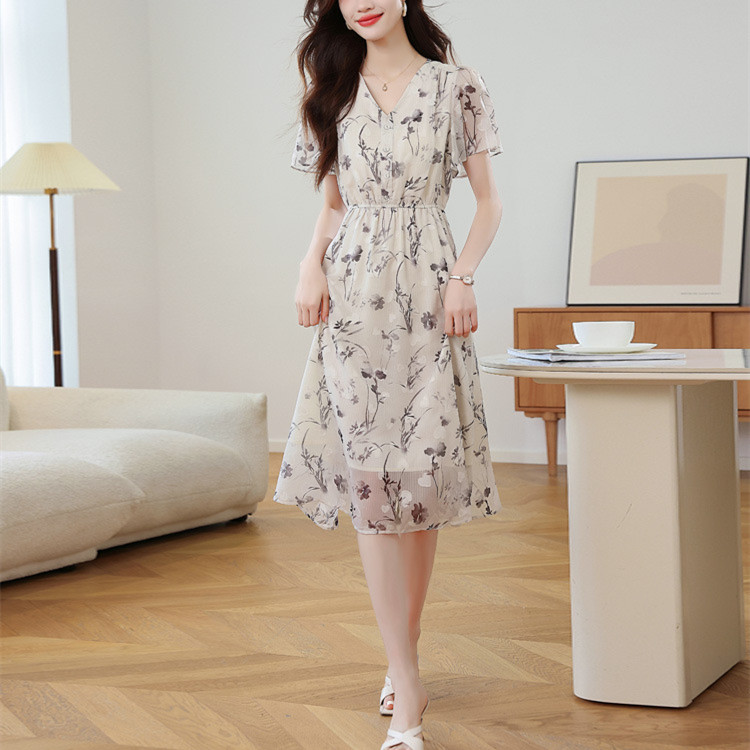 レース ワンピース 花柄シフォン ロングワンピース 膝下丈 夏 体型カバー レディース