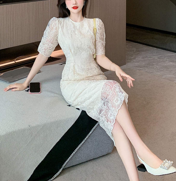 レース ワンピース エレガント 総レース ロングワンピース パフスリーブ ミモレ丈