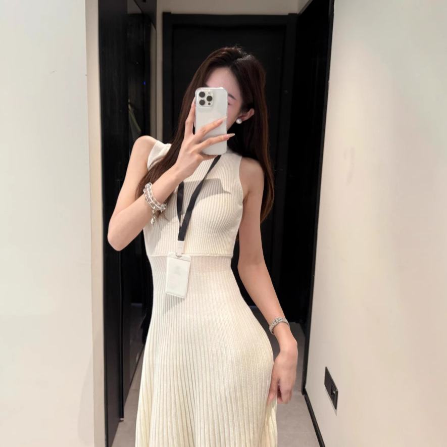 レース ワンピース ノースリーブ プリーツ ロングワンピース