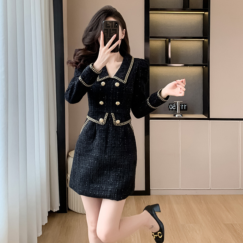 レース ワンピース 高級感 ツイード タイト ワンピース 金ボタン パイピング 秋冬