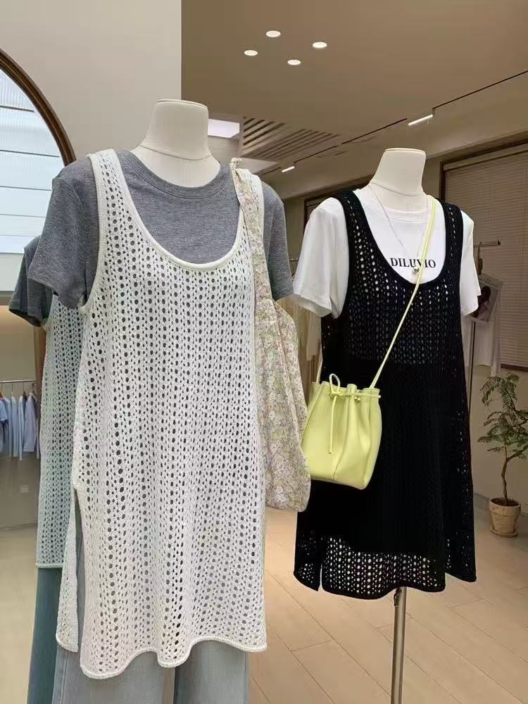 レース ワンピース  可愛い透かし編みレイヤードワンピース