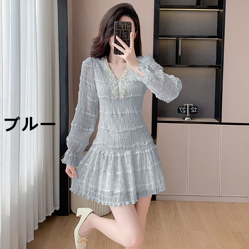 レース ワンピース フリル シフォン 長袖 ミニワンピース Vネック デコルテ 華やか