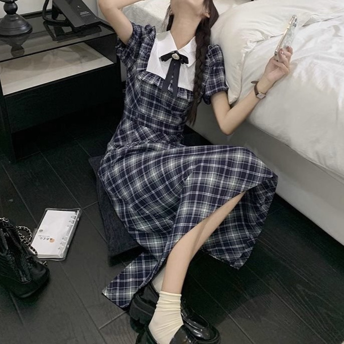 レース ワンピース 優雅な格子柄セーラーロングワンピース