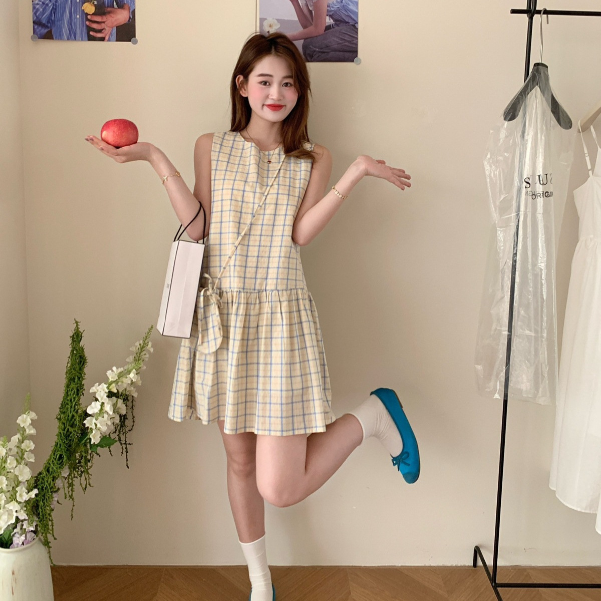 レース ワンピース 格子柄ノースリーブペプラムワンピース