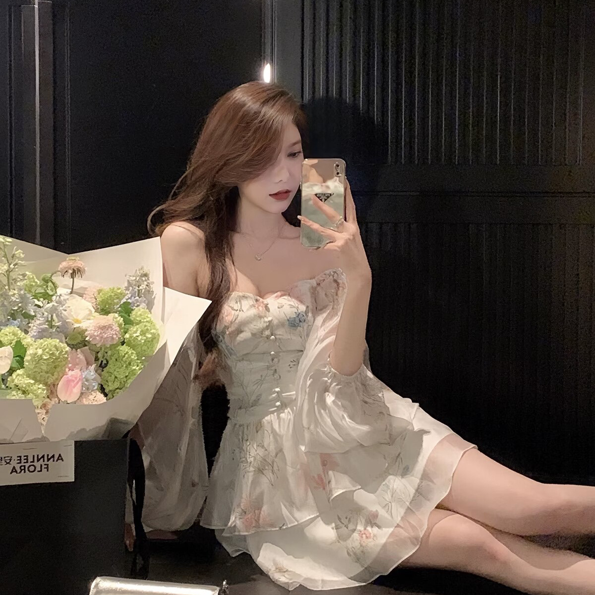 レース ワンピース 花柄シアー袖 ミニ丈レースワンピース