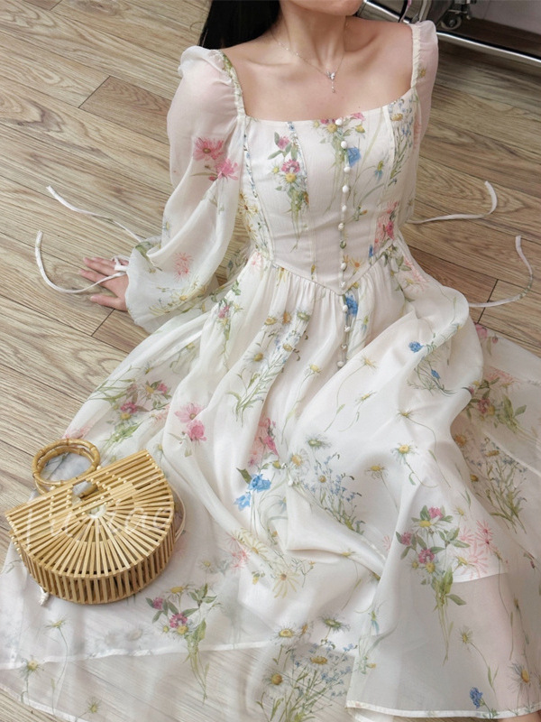 レース ワンピース 花柄シフォンロングワンピース アイボリー パーティードレス ミモレ丈