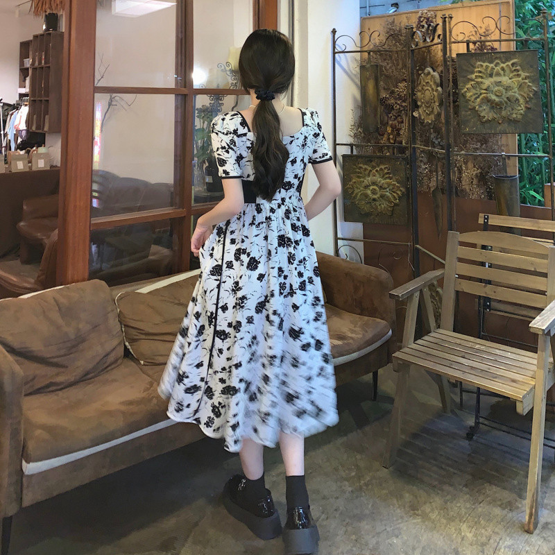 レース ワンピース 花柄パフスリーブ レースロングワンピース