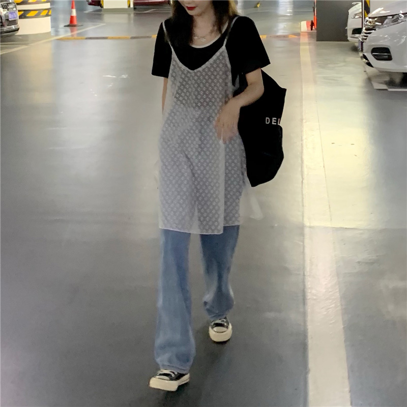 レース ワンピース 格子模様レース重ね着風キャミワンピース