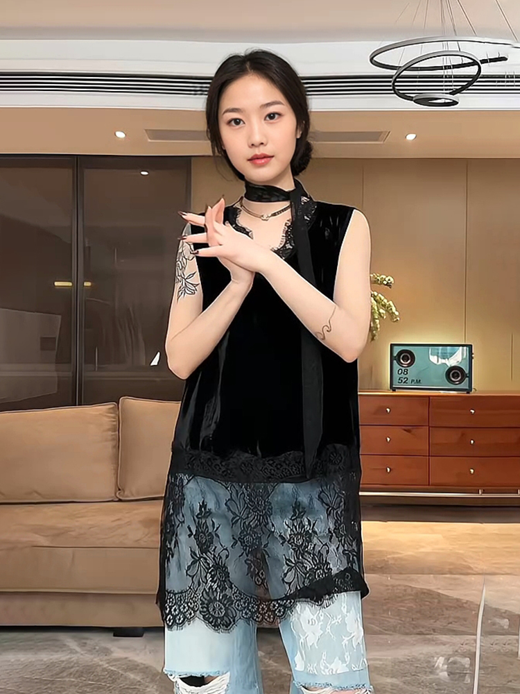 レース ワンピース フレンチスタイル レース切替ノースリーブワンピース
