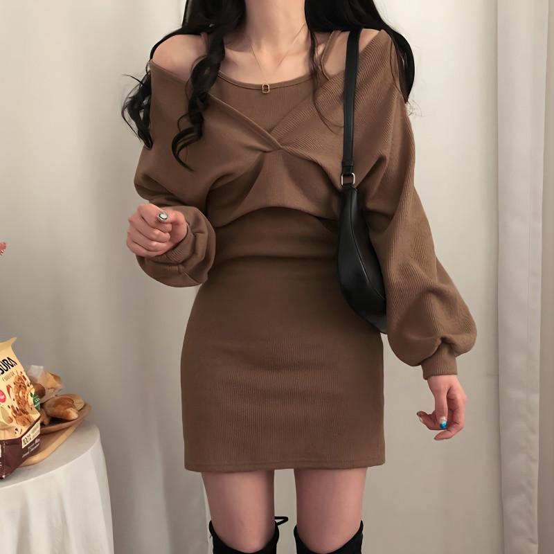 レース ワンピース 優美なドレープ ニットタイトワンピース