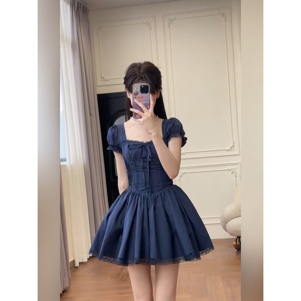 レース ワンピース 優美な裾レース付き姫袖ワンピース