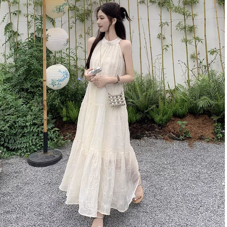 レース ワンピース 優美花刺繍ホルターネックレースワンピース