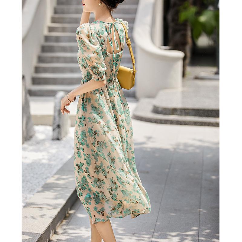 レース ワンピース 花柄シフォン ロングワンピース 半袖 きれいめ 体型カバー