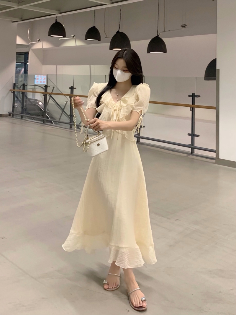 レース ワンピース フリルリボン シフォンレース ロングワンピース