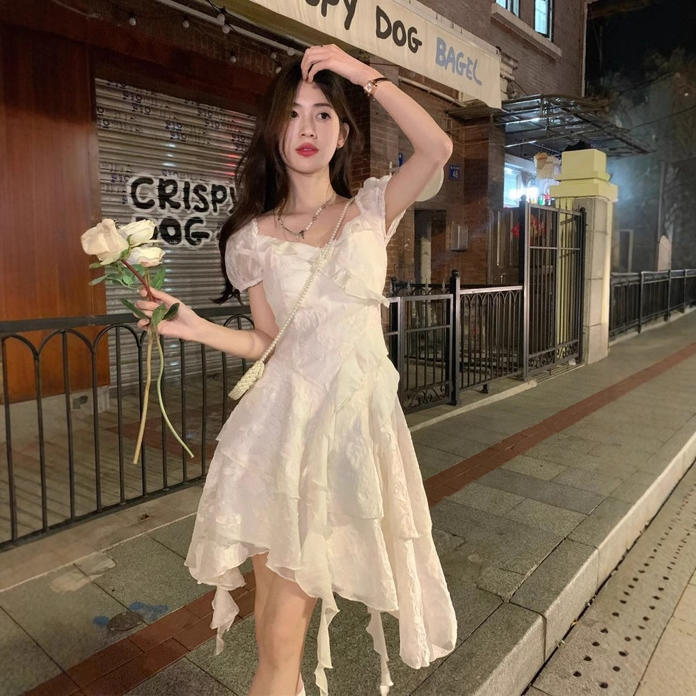 レース ワンピース 夢見るレース重ね パフスリーブワンピース