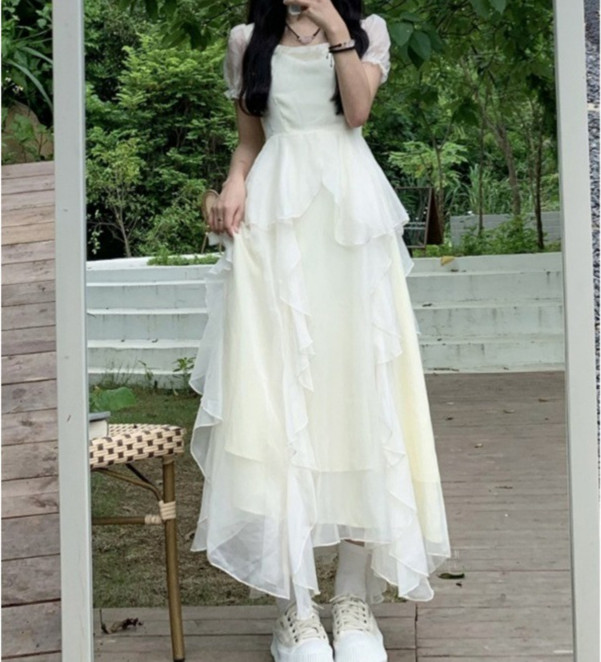 レース ワンピース エアリー シフォン ロングワンピース 春夏 ドレープ 長袖