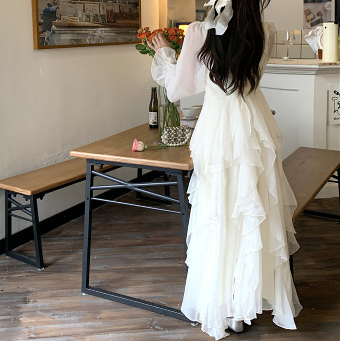 レース ワンピース エアリー シフォン ロングワンピース 春夏 ドレープ 長袖