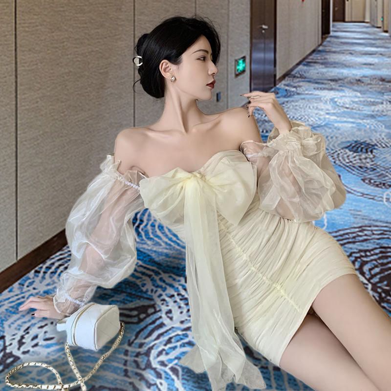 レース ワンピース 優美リボンシアータイトワンピース