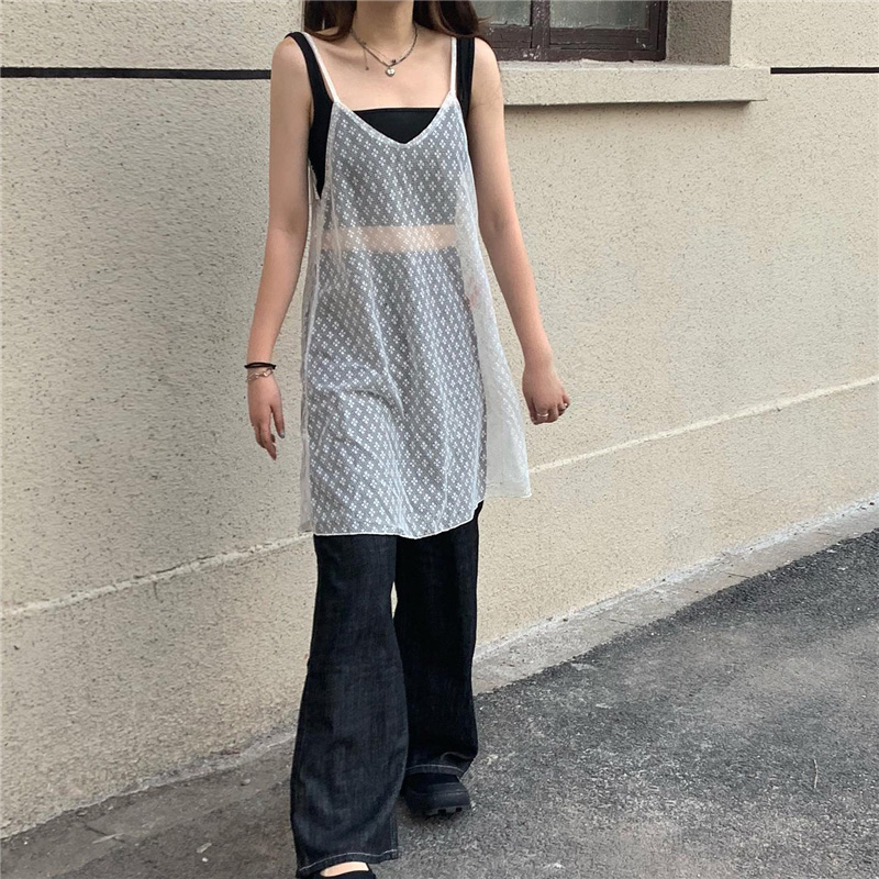 レース ワンピース 透かし模様のキャミワンピース
