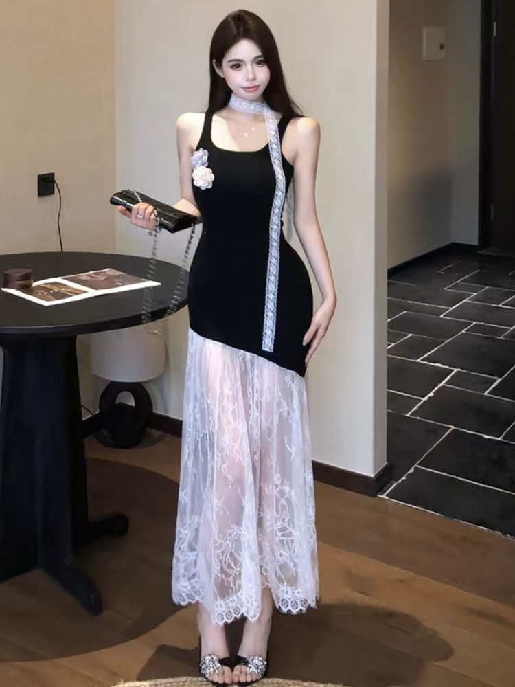 レース ワンピース シアーレース重ね ロングワンピース