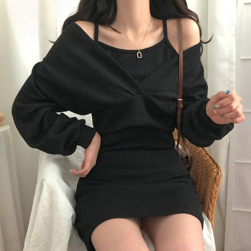 レース ワンピース 優美なドレープ ニットタイトワンピース