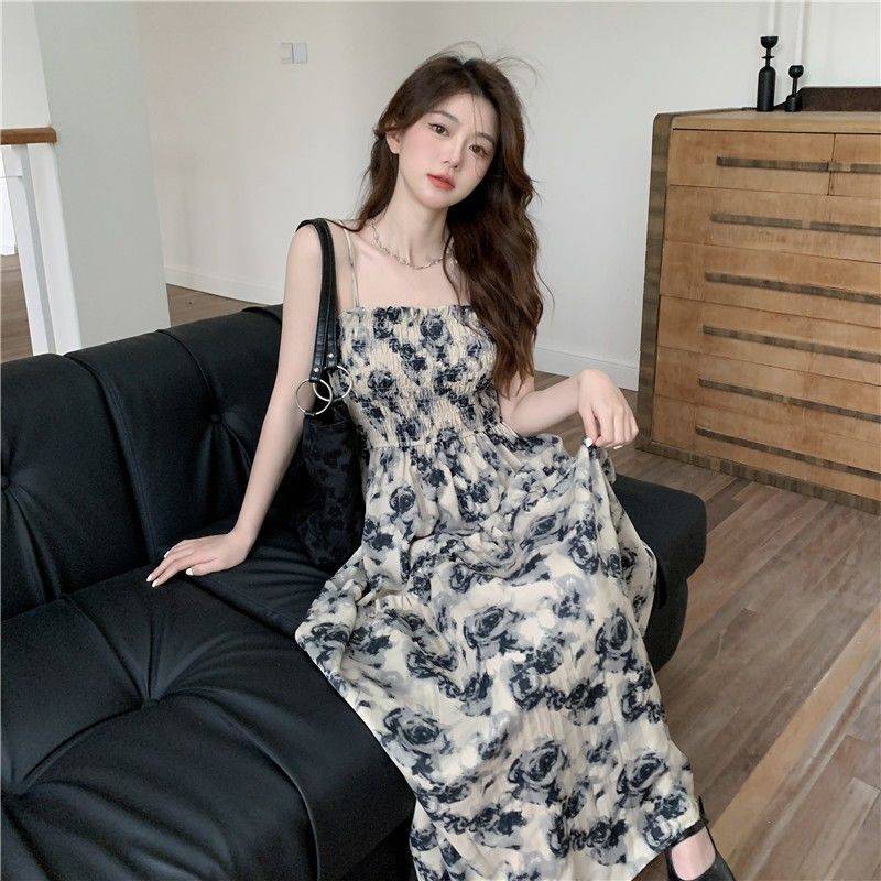 レース ワンピース 花柄シャーリングキャミロングワンピース